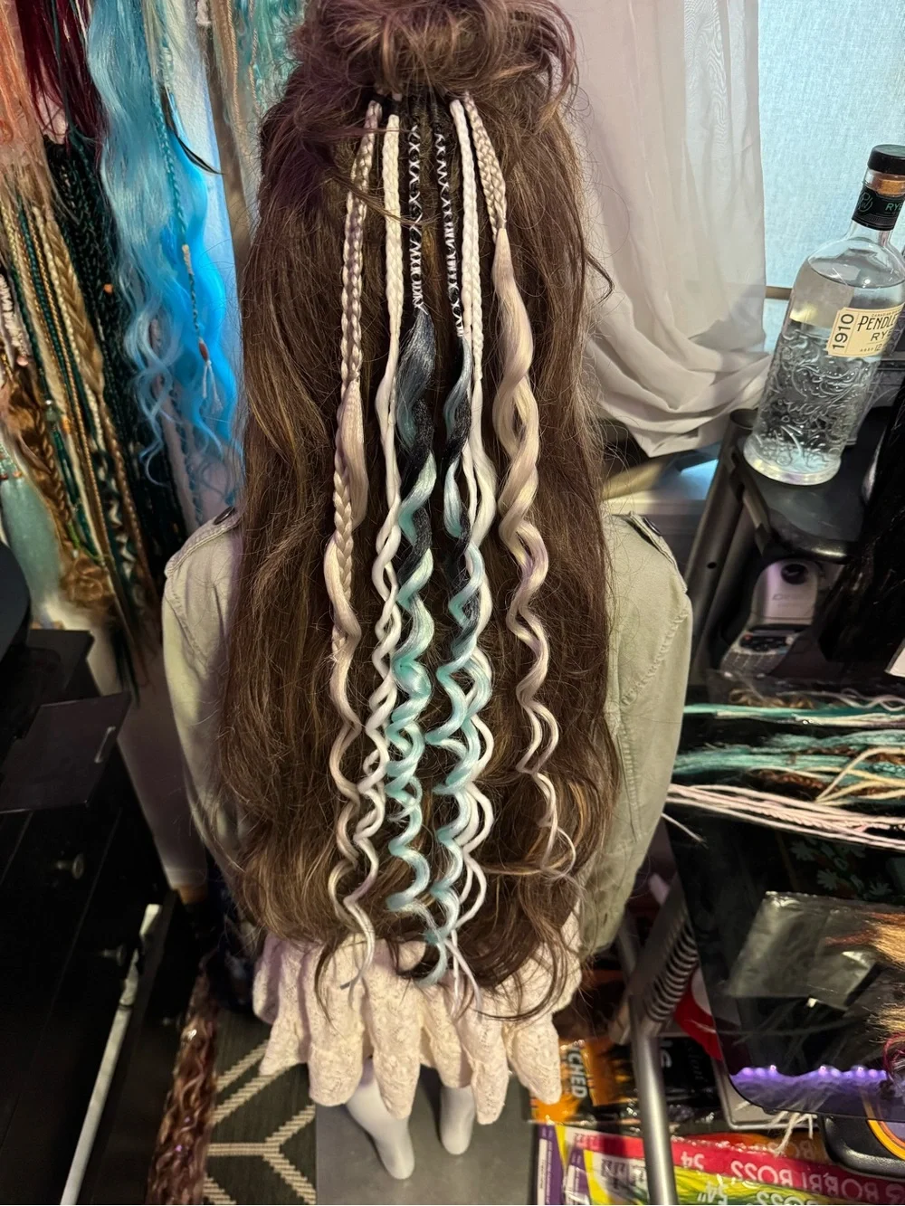 Boho Hair Wrap Extensions with White and Teal Accents
